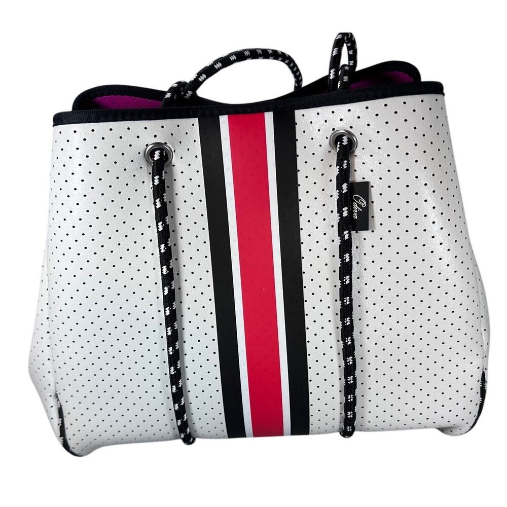 Colina Perforated Neoprene Tote Bag Racing Stripe White Sporty Athleisure